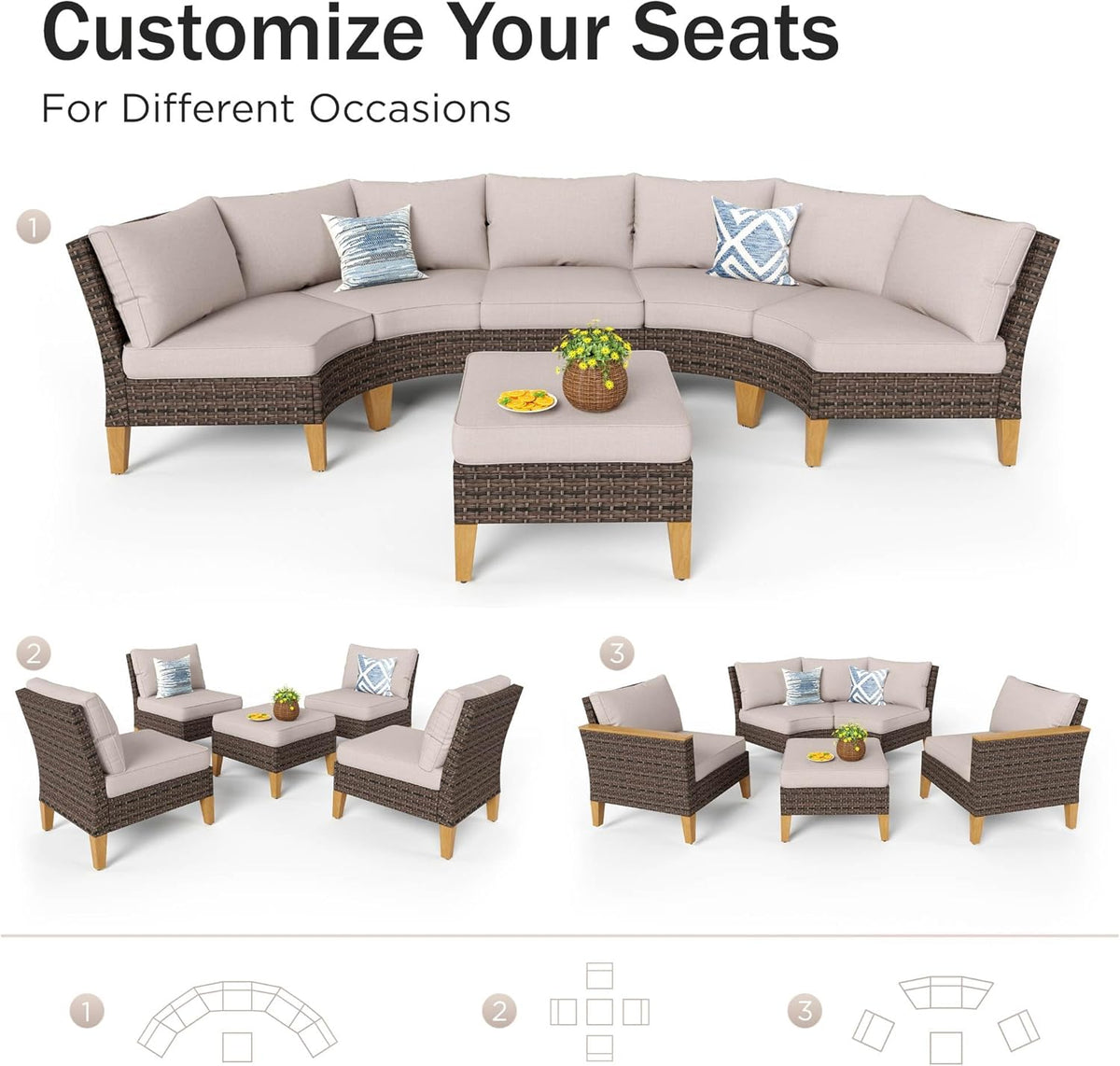 PHI VILLA 3-Piece Wicker Patio Furniture Set, Outdoor Curved Sectional Sofa Conversation Set with Cushions, Half-Moon Modular Couch for Garden, Deck, Backyard, Beige