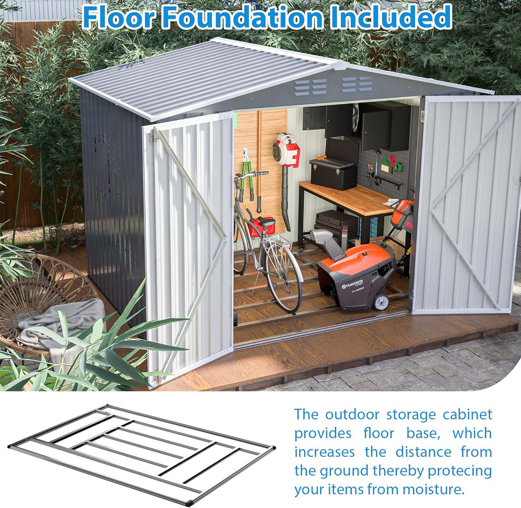 8x6 FT Outdoor Metal Storage Shed, Gray, with Floor Foundation, Lockable Hinged Doors, Air Vents, for Backyard and Lawn