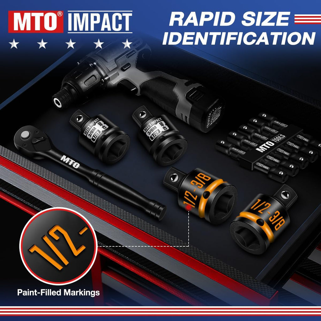 2-Pack 1/2" Female to 3/8" Male Impact Socket Adapters, with Paint-Filled Markings, CR-MO Steel, for Impact Wrench Conversions