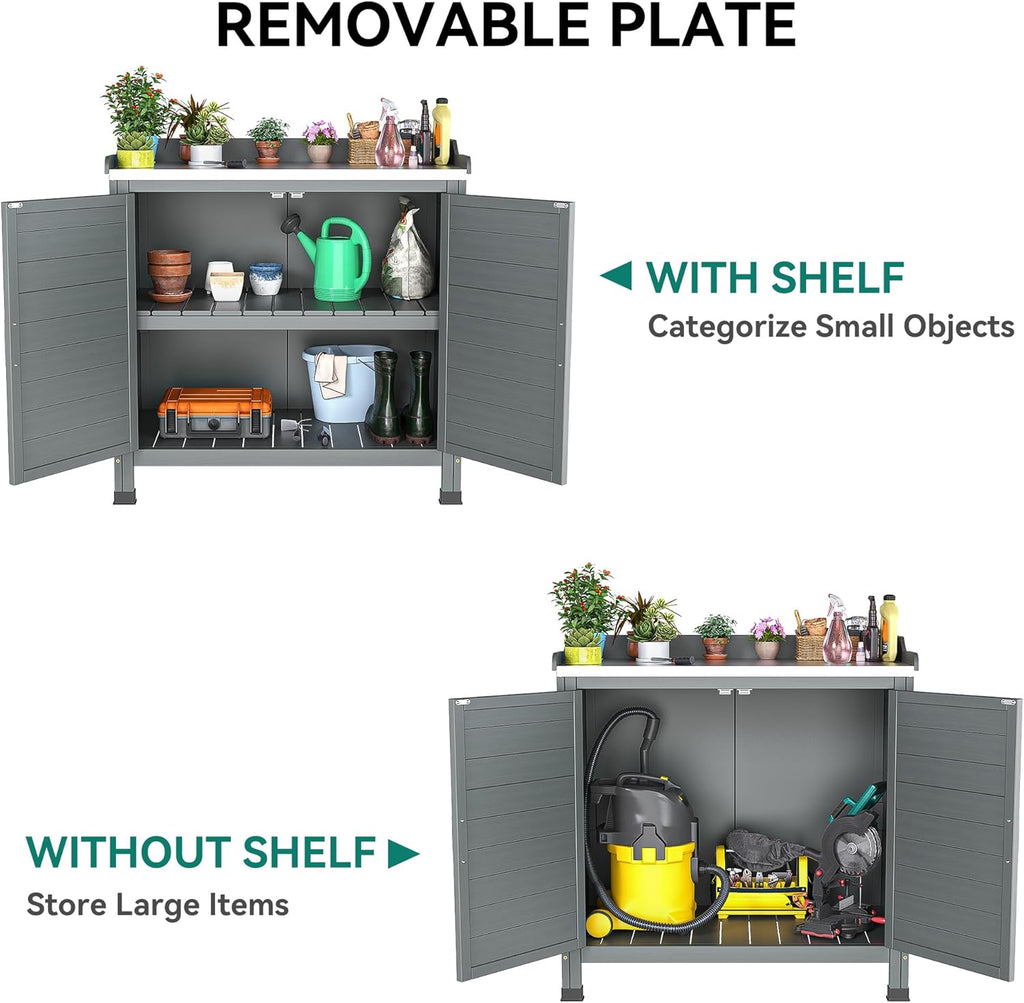 YITAHOME Outdoor Garden Potting Bench with Storage Cabinet, Metal Tabletop & Removable Shelf, Wooden Planting Workstation for Patio, Garden, Yard (Grey)