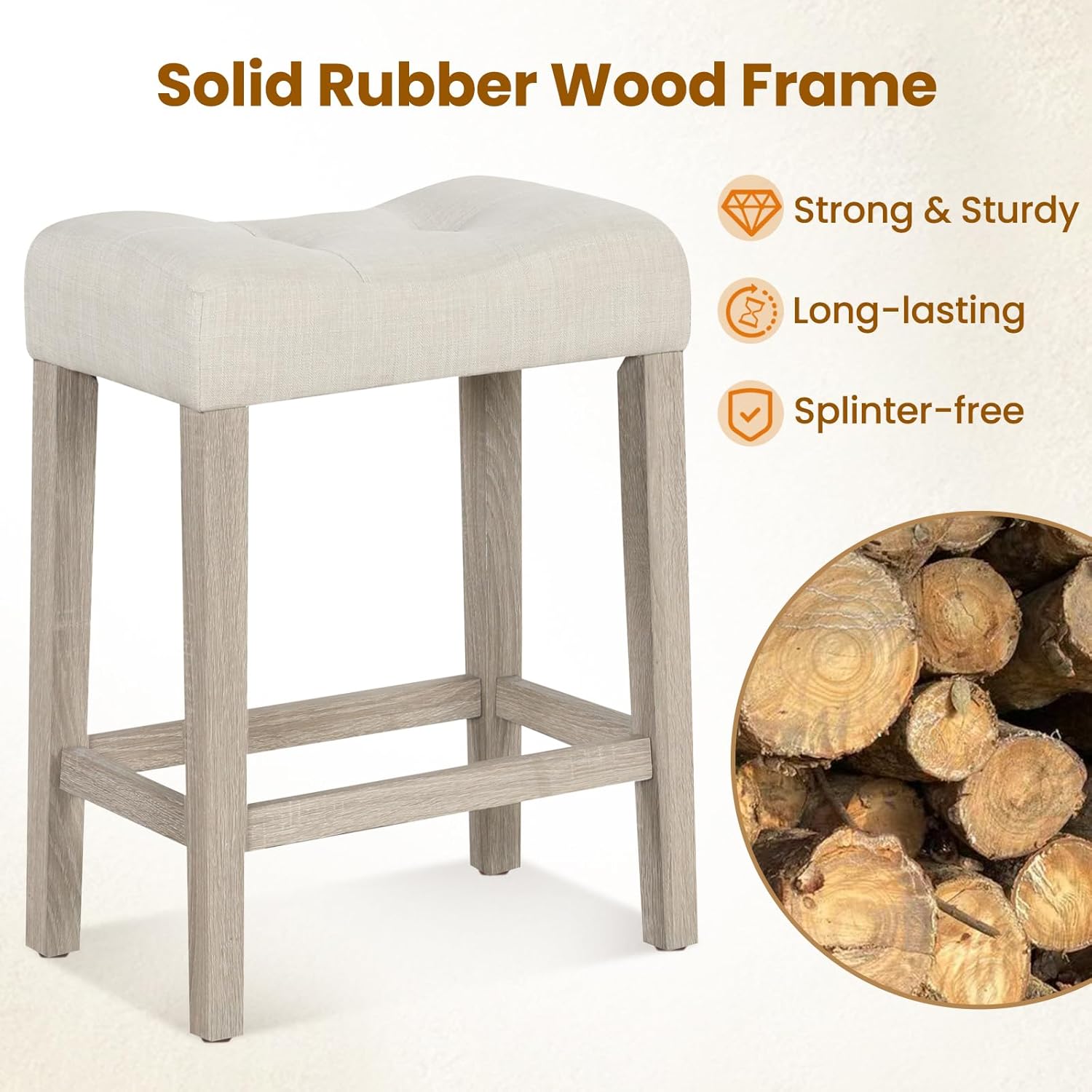 Giantex 24" Bar Stools Set of 4, Upholstered Counter Height Saddle Bar Stools with Footrest and Wood Legs, Farmhouse Button Tufted Backless Barstools for Kitchen Island, Dining Room, Cafe, Beige