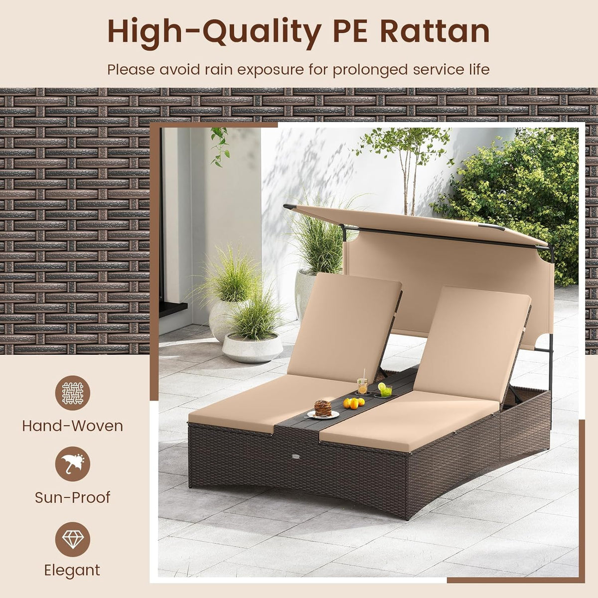 Tangkula Outdoor Rattan Daybed with Canopy & 4-Level Adjustable Backrests, 2-Person Wicker Patio Day Bed with Cushions, Table & Cup Holders, Double Sunbed Lounger for Balcony, Backyard & Poolside