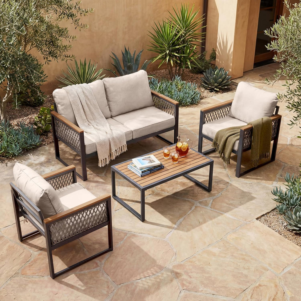 UPHA 4 Pieces Patio Furniture Set, Metal Outdoor Sectional Couch Set with Loveseat Sofa, 2 Chairs, Coffee Table, Modern Patio Conversation Set for Porch Balcony Deck, 4 Seats, Beige