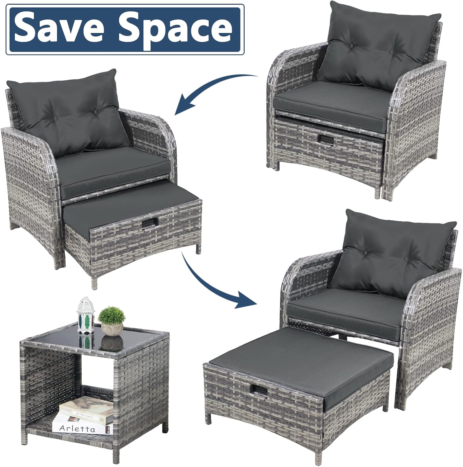 5 Pieces Wicker Outdoor Patio Chairs with Ottomans, All Weather PE Rattan Outdoor Conversation Set Bistro Patio Furniture Set with Hidden Ottoman for Porch Backyard Balcony, Grey