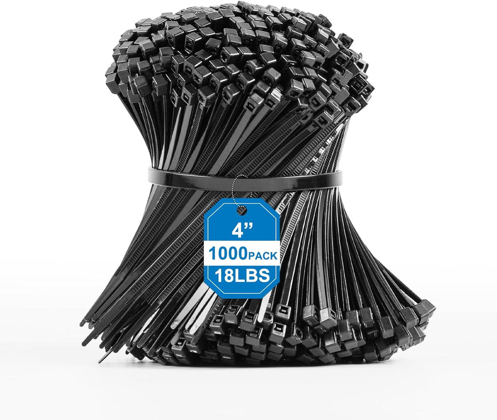 4 Inch Zip Ties 1000 Pack – Black Nylon PA66, 18 lbs Strength, UV & Flame Resistant, Halogen-Free