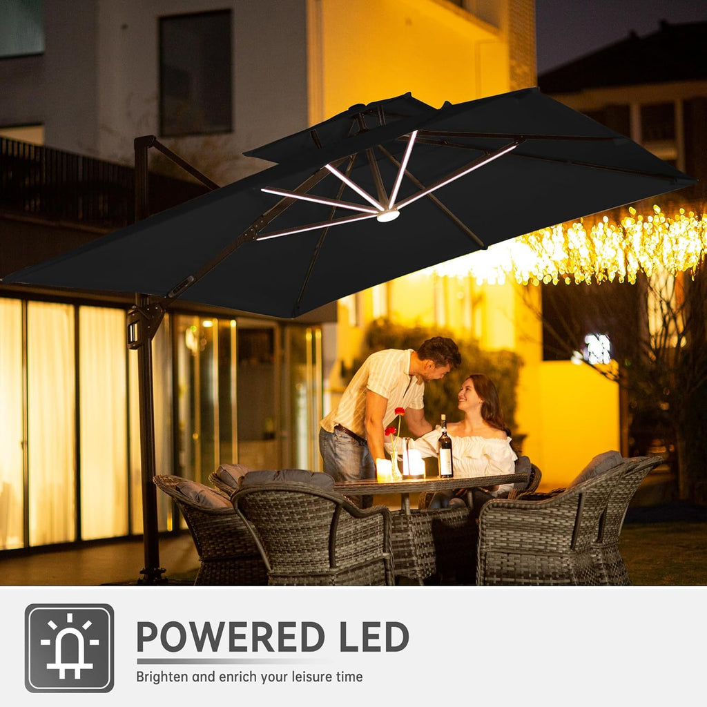 10 X 13 FT Cantilever Outdoor Patio Umbrella with LED Lights Large Heavy Duty 360° Rotation Double Top Offset Rectangular Umbrellas for Backyard Garden Pool Outside Deck, Black