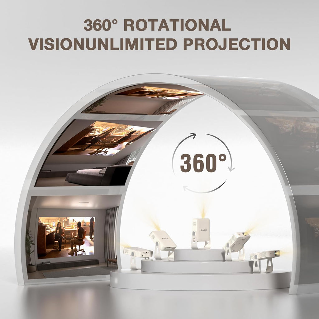 Officially-Licensed App & Auto FocusWhite Smart Mini Projector with WiFi and Bluetooth, XuanPad 4K Support Movie Projector, Portable Native 1080P Outdoor Projector with 360° Stand