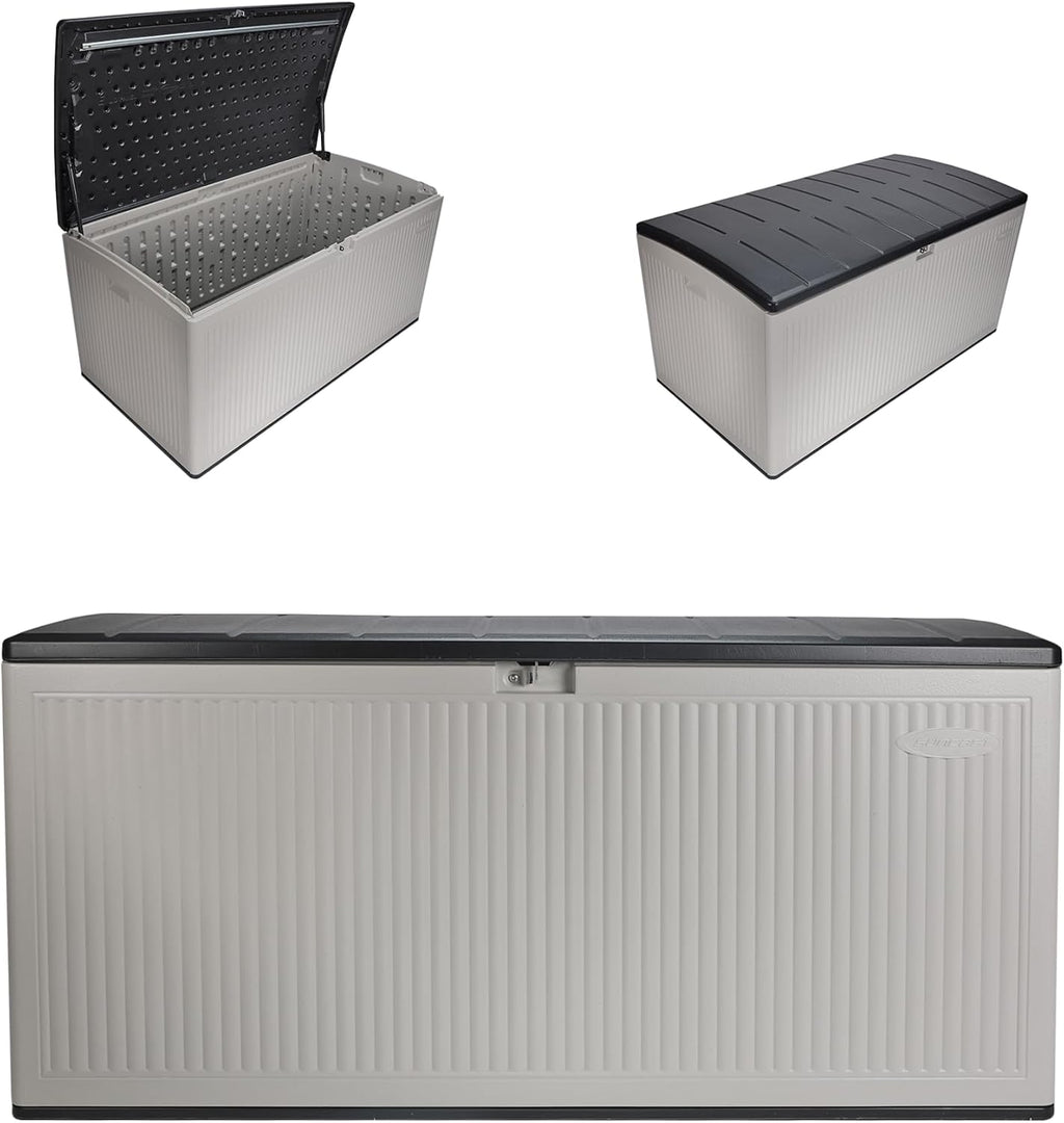 Suncast 160-Gal. Resin Extra-Large Outdoor Patio Deck Box with Pad-Lockable Lid, Modern Reeded Outdoor Patio Bench/Storage Box for Cushions, Garden Tools, and More, Iron Ore/French Gray