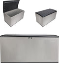 Suncast 160-Gal. Resin Extra-Large Outdoor Patio Deck Box with Pad-Lockable Lid, Modern Reeded Outdoor Patio Bench/Storage Box for Cushions, Garden Tools, and More, Iron Ore/French Gray
