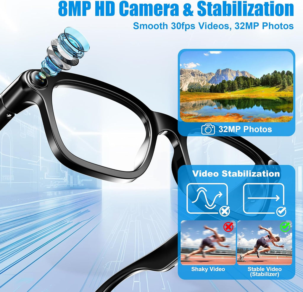 AI Smart Glasses with Camera, 8MP HD Camera Glasses for Women Men, Video Recording Sunglasses with Voice Assistant, Open-Ear Audio, Real-Time Translation for Life &Work Vlog, Black(3 Lenses)