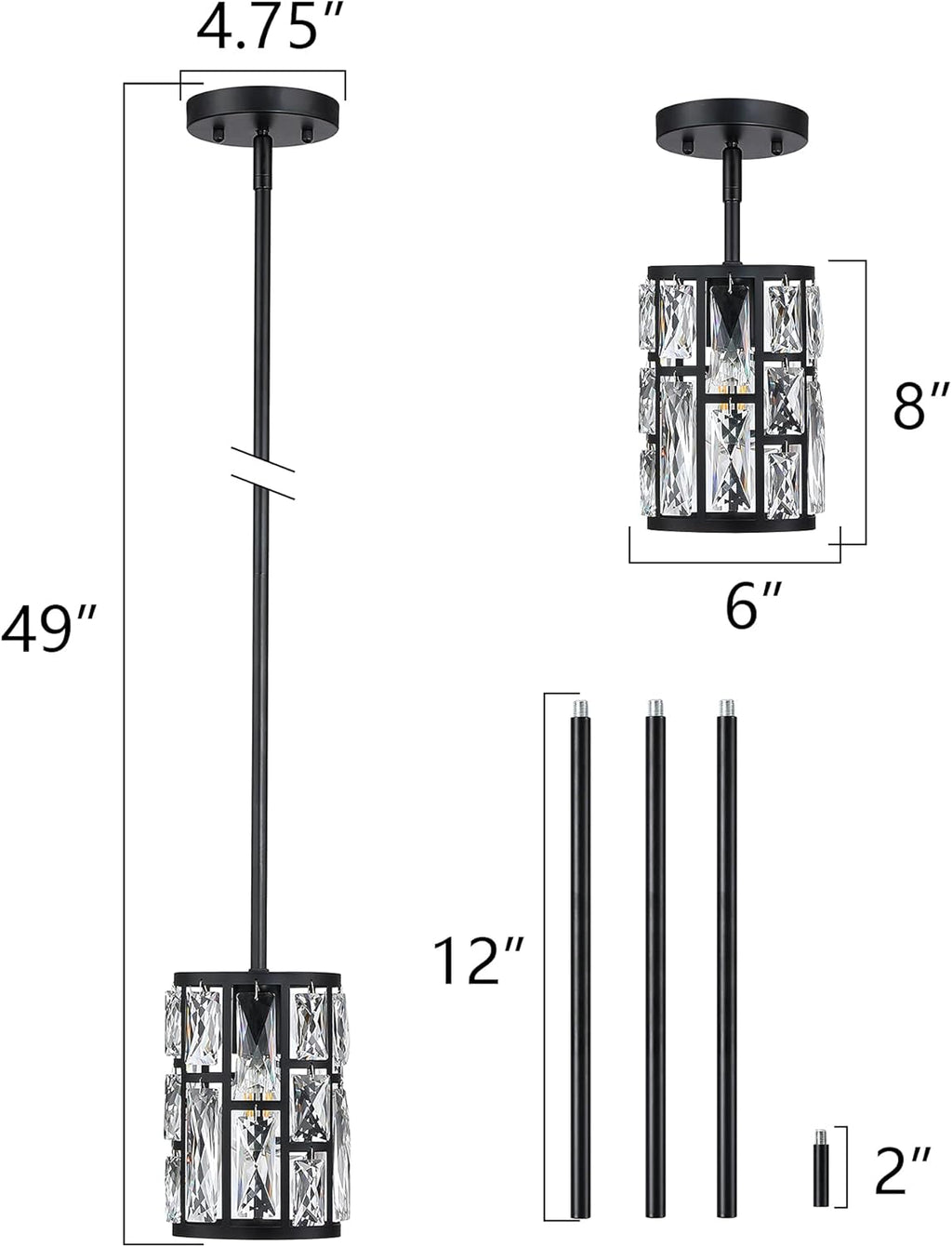 MEXO Modern Crystal Pendant Light Fixture 2-Pack Matte Black Finish Hanging Lighting Crystal Chandelier for Living Room, Kitchen