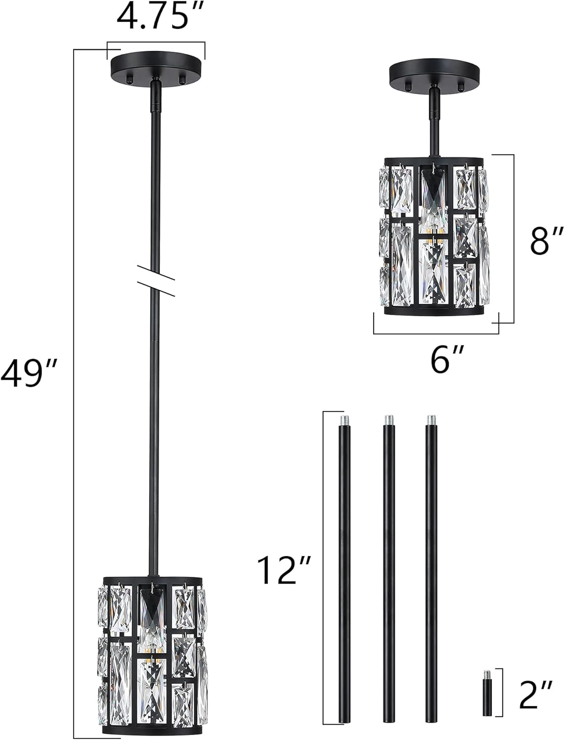 MEXO Modern Crystal Pendant Light Fixture 2-Pack Matte Black Finish Hanging Lighting Crystal Chandelier for Living Room, Kitchen