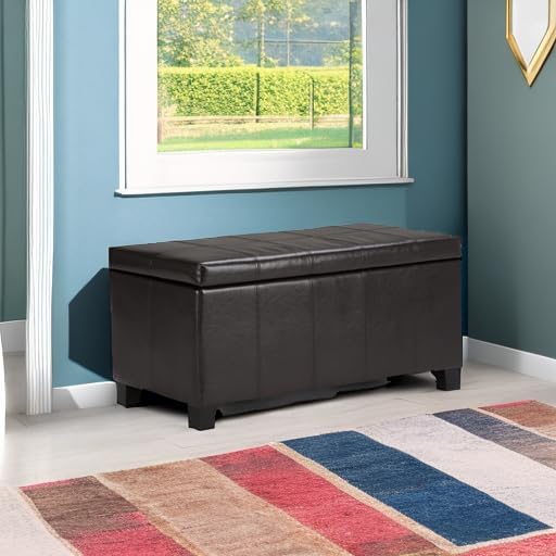 SIMPLIHOME Dover Storage Ottoman Bench - 36 inch Wide Upholstered Vegan Leather Rectangular Lift-Top Ottoman in Tanners Brown, Contemporary Bench for Living Room with Safety Hinges