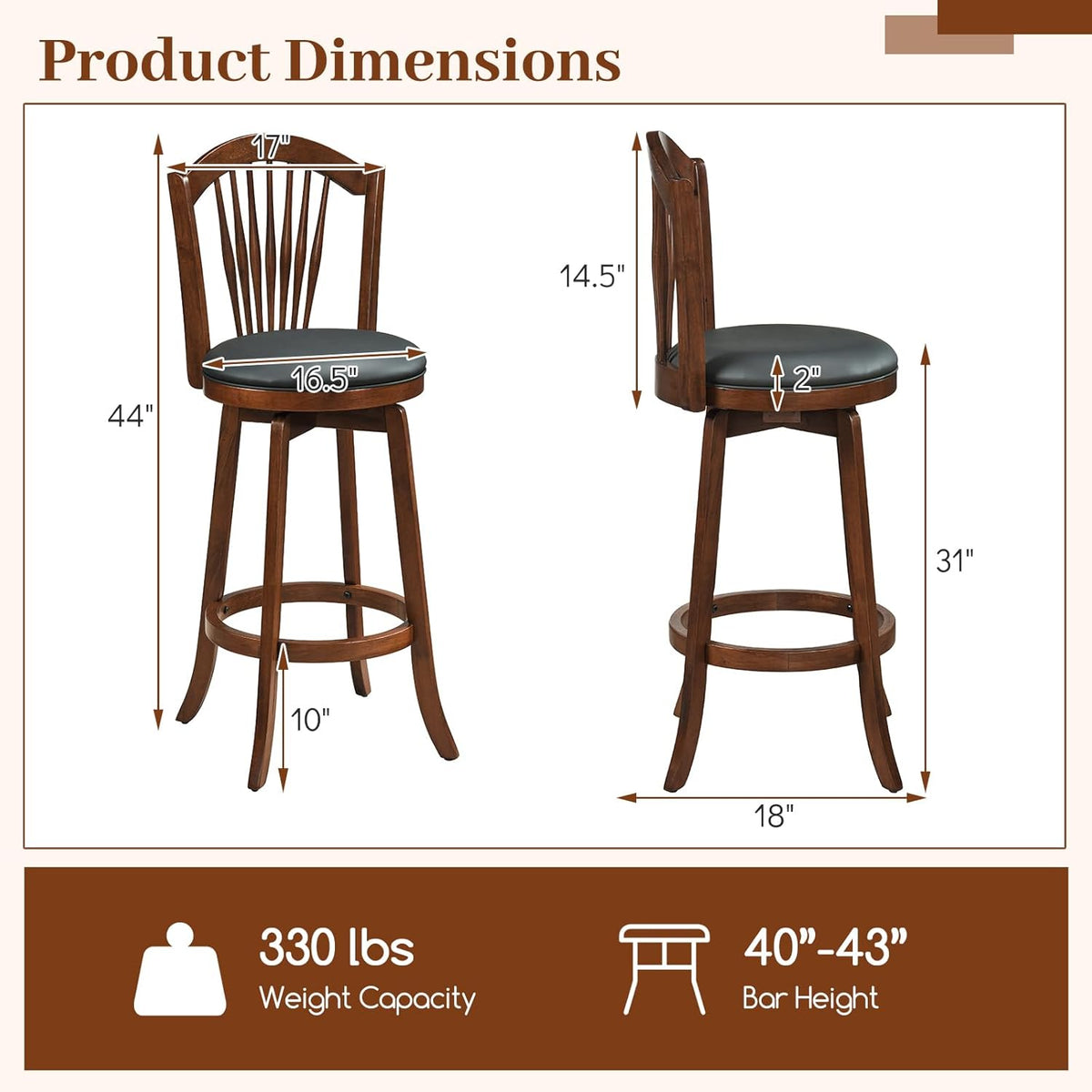 COSTWAY Swivel Bar Stools Set of 4, 31 Inch Bar Height Chairs with Backrests and Wood Frame, Upholstered Barstools for Kitchen Island and Dining Room (4,31 Inch)