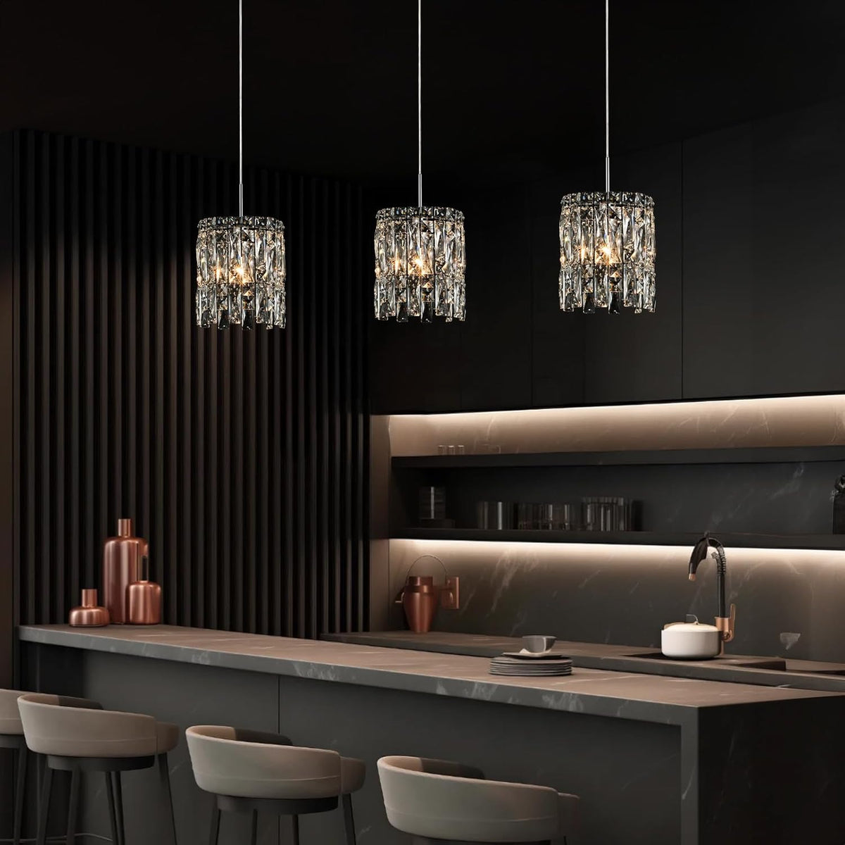 Modern K9 Crystal Pendant Lights Kitchen Island Set of 3,Chrome Chandeliers for Dining Room Light Fixtures Over Table,Hanging Lighting for Kitchen Island Entryway Bathroom BedHead Bedroom