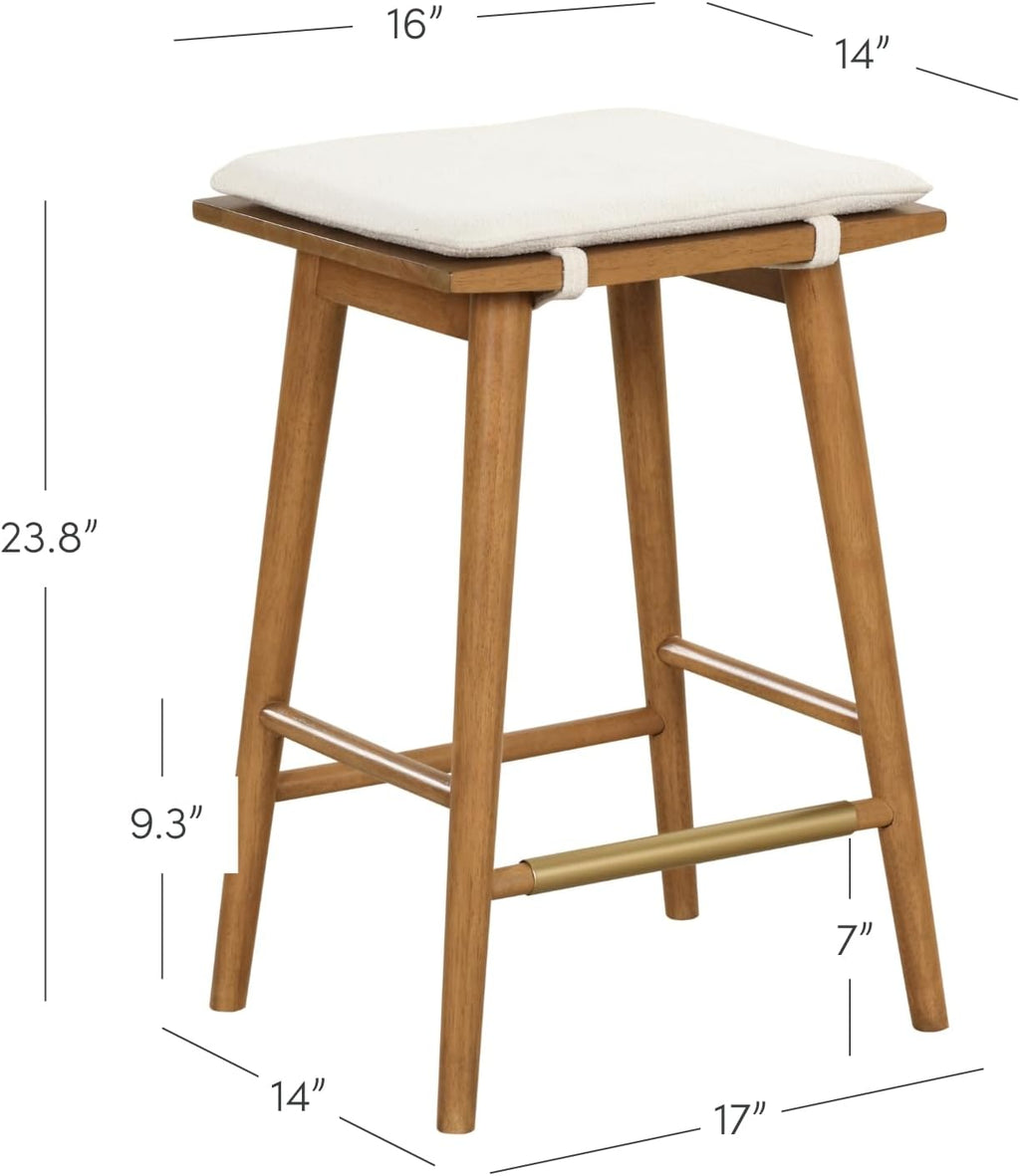 Nathan James Barker Counter Height Solid Wood Barstool with Upholstered Cushion, Backless Island Stool with Rubberwood Legs and Natural Textured Linen Upholstery for Kitchen, Brown/White, Set of 2