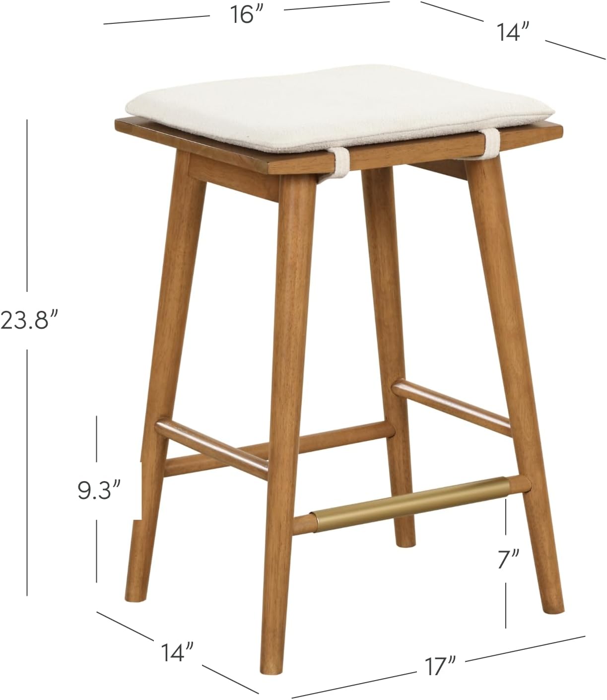 Nathan James Barker Counter Height Solid Wood Barstool with Upholstered Cushion, Backless Island Stool with Rubberwood Legs and Natural Textured Linen Upholstery for Kitchen, Brown/White, Set of 2