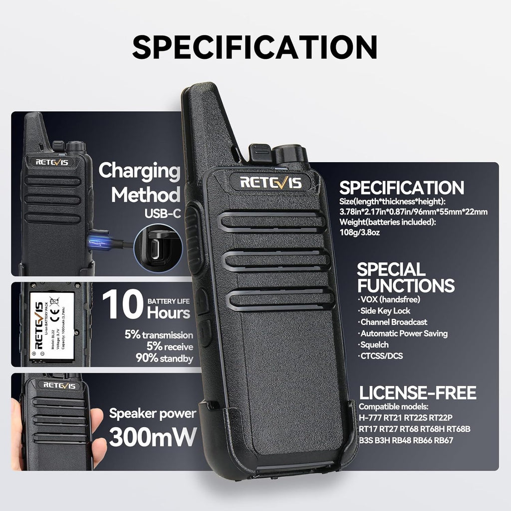 Retevis RT22 Walkie Talkies Rechargeable Hands Free 2 Way Radios Two-Way Radio(6 Pack) with 6 Way Multi Gang Charger