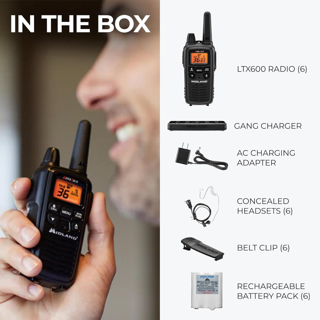 LXT600BBX6 Midland LXT600BBX6 FRS Business Walkie Talkies - Long Range 36-Channel Two-Way Radios with Headsets and Charging Base, NOAA Weather Alerts (6-Pack, Black)