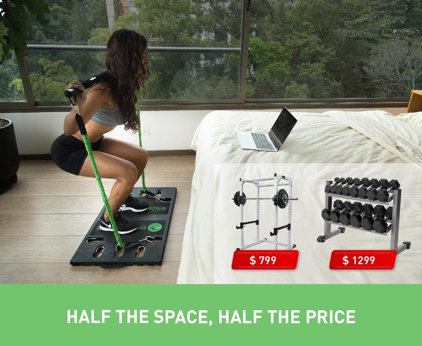 BodyBoss 2.0 - Full Portable Home Gym Workout Package + Resistance Bands - Collapsible Resistance Bar PKG4-Green