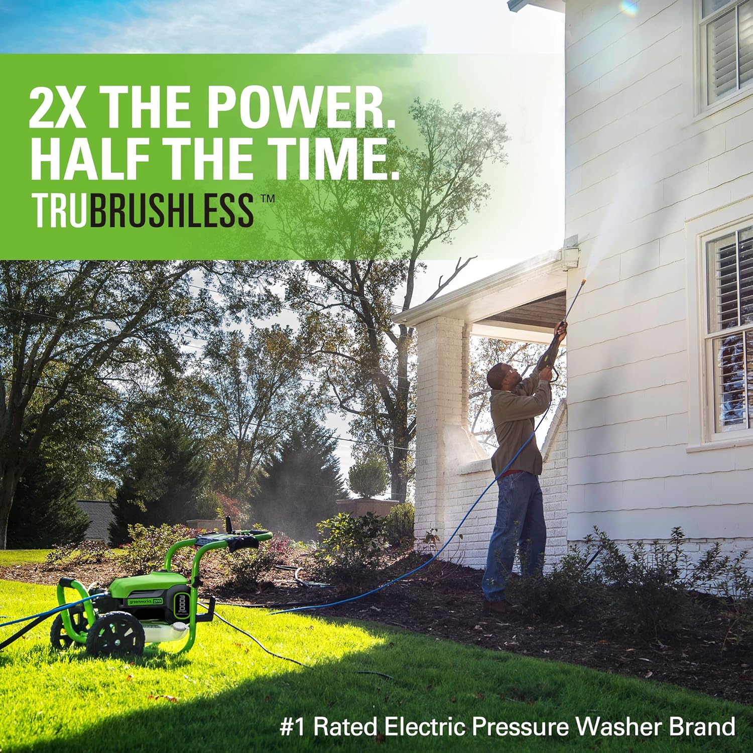 Greenworks 3000 PSI (2.0 GPM Max) Brushless Electric Pressure Washer, Steel Wand, On-Board Soap Tank (15°, 25°, 40°, Soap, and Turbo Nozzle)