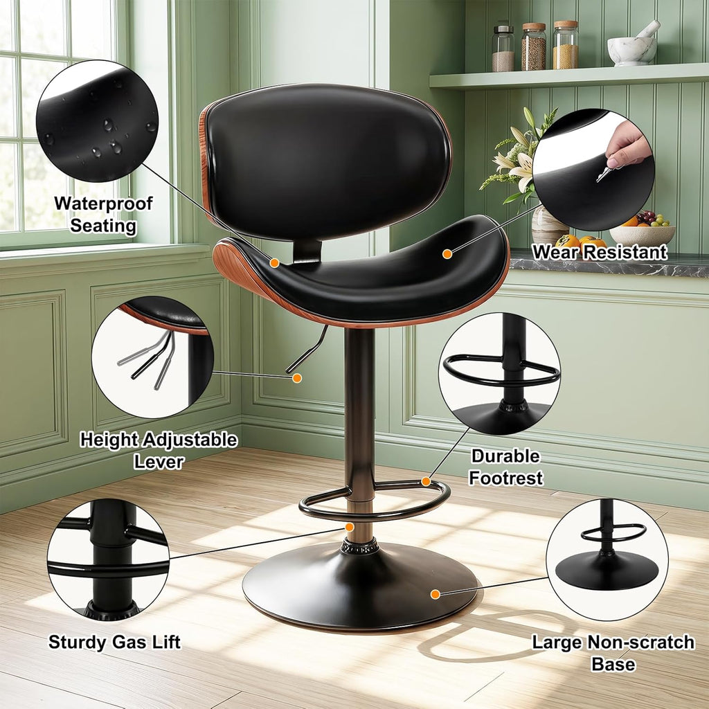 DUMOS Swivel Bar Stools Set of 2, Adjustable Counter Height Bentwood BarStools, PU Leather Upholstery Bar Chair with Ergonomic Back and Footrest, Counter Stools for Bar, Home Kitchen Island, Black