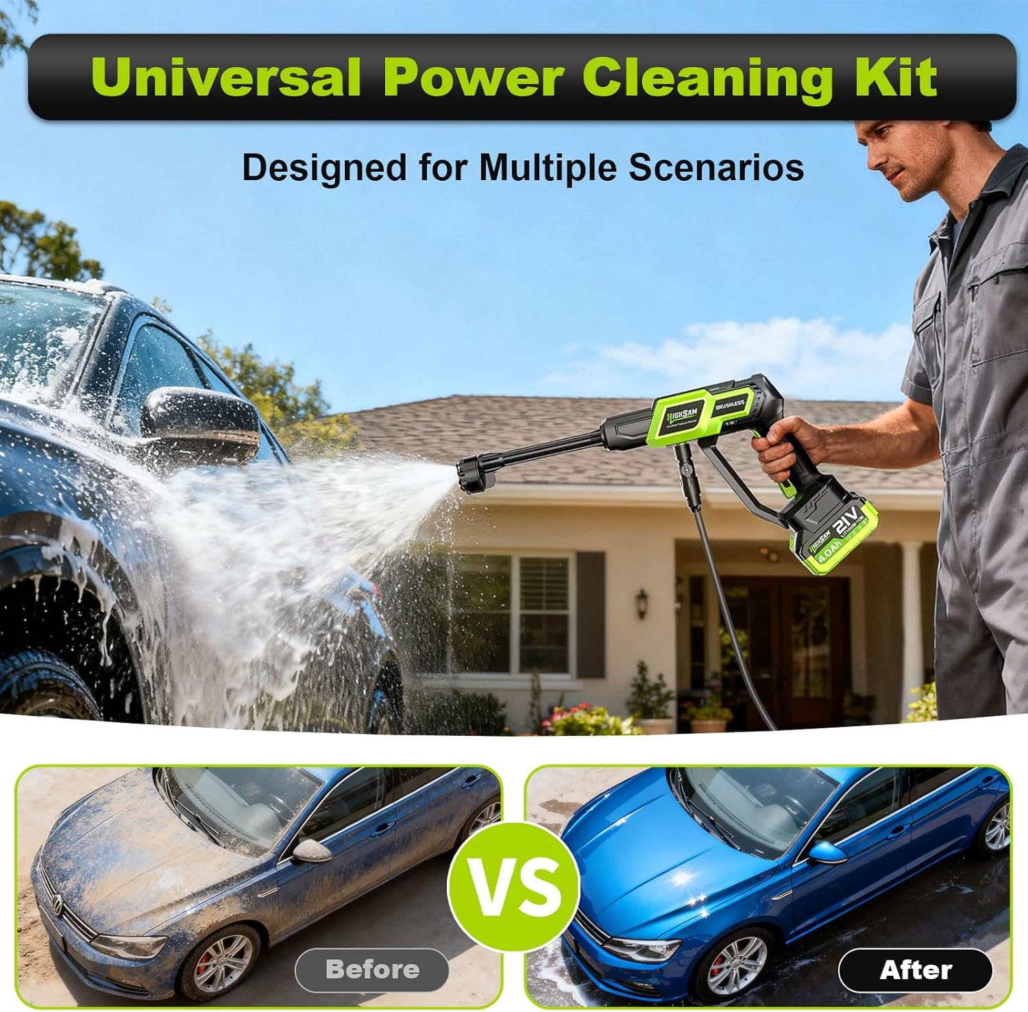 Cordless Portable Car Washer-Brushless Motor, 2X4000mAh Batteries & Fast Charger, 6-in-1 Nozzle, Extension Rod, 16.4FT Hose & Storage Case, Handheld Car Cleaning Tool for Car/Home/Patio & Garden