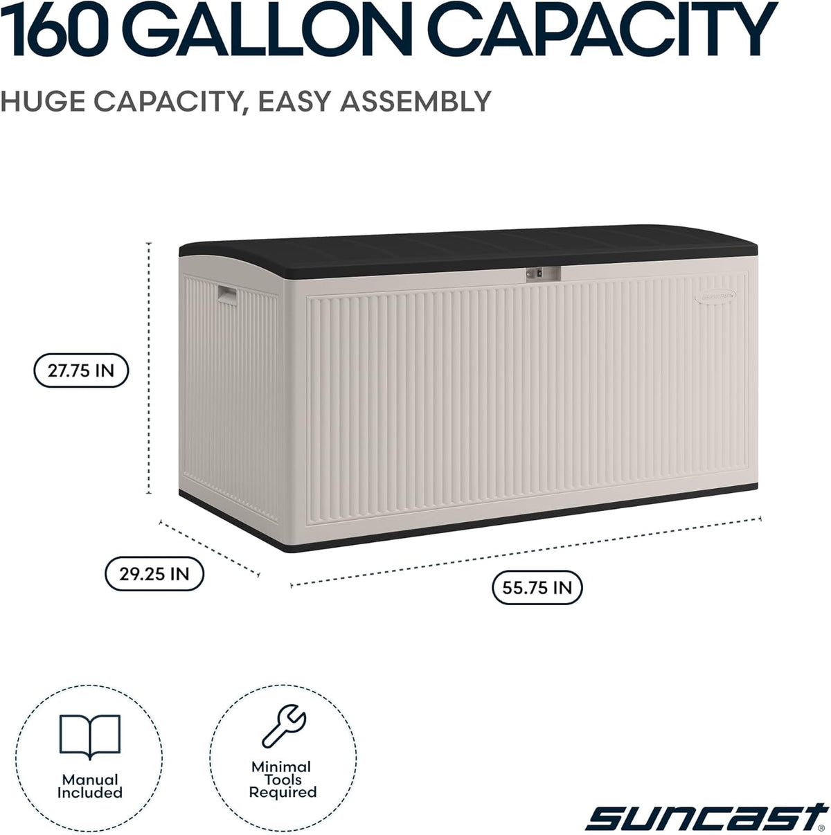 Suncast 160-Gal. Resin Extra-Large Outdoor Patio Deck Box with Pad-Lockable Lid, Modern Reeded Outdoor Patio Bench/Storage Box for Cushions, Garden Tools, and More, Iron Ore/French Gray
