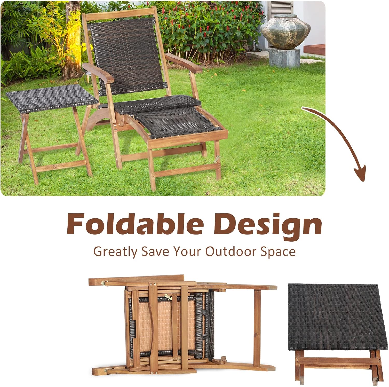 Tangkula Patio Lounge Chair and Side Table Set of 2, Acacia Wood Wicker Folding Table and Armrest Chair with Retractable Ottoman, Acacia Wood Outdoor Chaise Lounger for Garden, Backyard, Poolside (2)