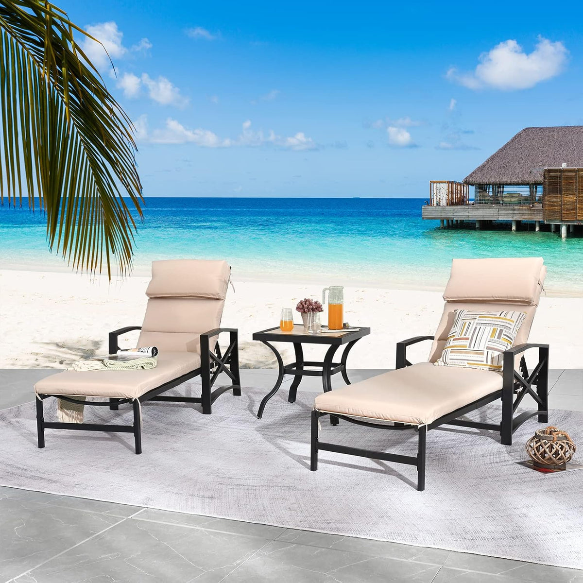 Festival Depot 3 Pieces Patio Outdoor Chaise Lounge Chairs with Cushions Set with Coffee Table Premium Fabric Metal Frame Furniture Garden Bistro Soft Backrest (Khaki)