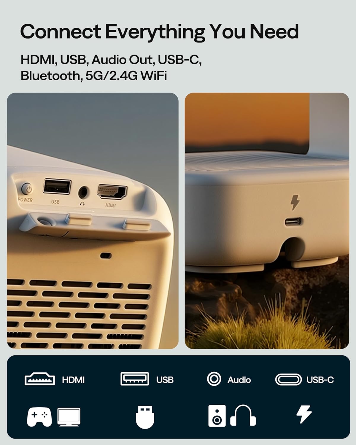 Aurzen D1 air Smart Portable Projector with WiFi and Bluetooth, USB-C Powered, Easy Auto Setup, 16W Dolby Audio, Built-in Apps, Native 1080P HDR10, Outdoor Movie Projector, White