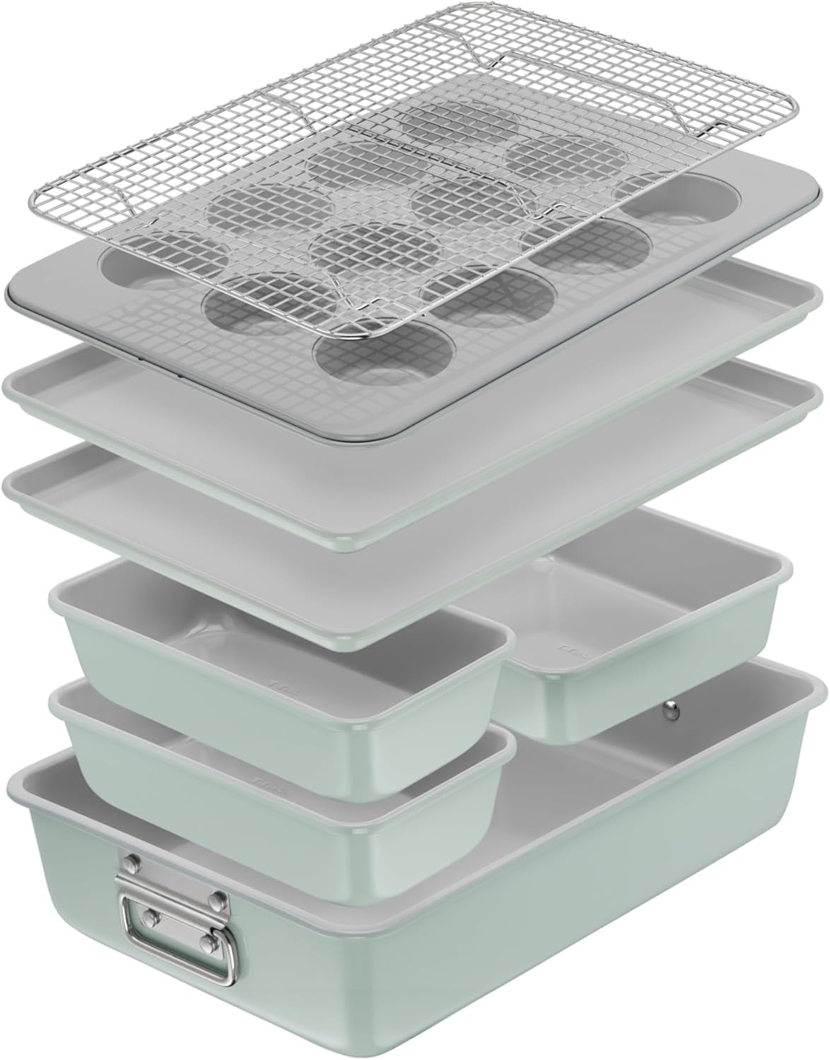 T-fal Refresh Ceramic Nonstick Baking Pans Set (8 Pc), Roaster, 12-Cup for Muffins, Loaf Trays, Baking Sheets Non Stick, Cooling Cooking Rack, Stackable Bakeware Set, Mint Green