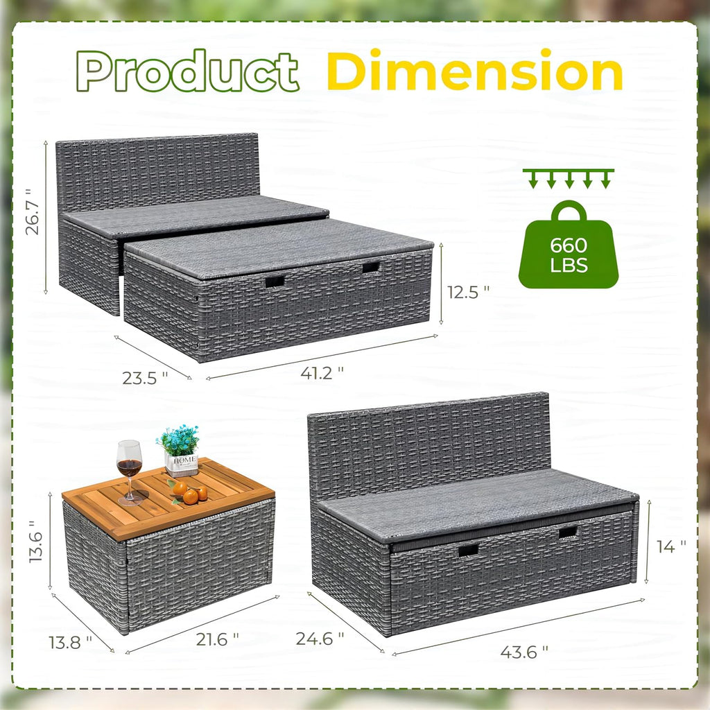 Greesum Outdoor Daybed Set Multifunctional Wicker Lounge Bed Furniture with Two Side Tables, Cushions, Storage Bench for Porch Lawn Patio Beach, OneSize, Gray