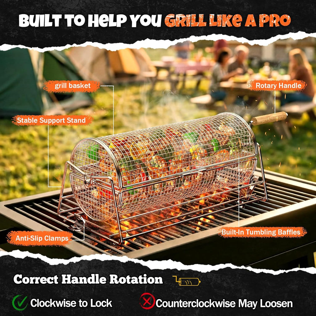 2-in-1 Rotatable Rolling Grill Basket, 304 Stainless Steel, with Removable Wooden Dual Handles & Rotating Stand, BBQ Accessories Tools for Vegetables Shrimp, Gifts for Birthday/Men/Dad/Husband