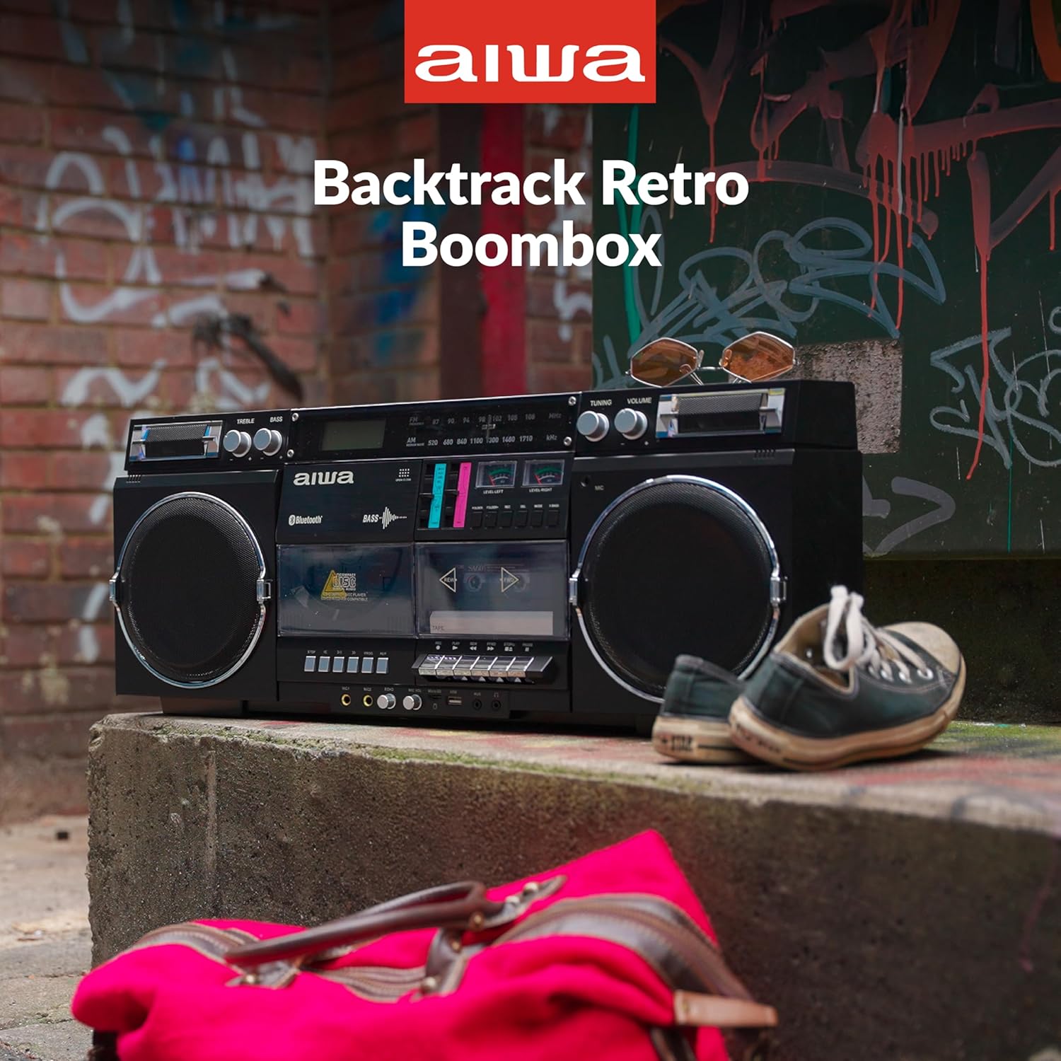 aiwa Retro Boombox BackTrack CD Player with Cassette Recording, Bluetooth 5.0, FM/AM Radio, USB/SD/AUX Inputs, VU Meters, LCD Display, Dual 40W Speakers (Black and Gold)