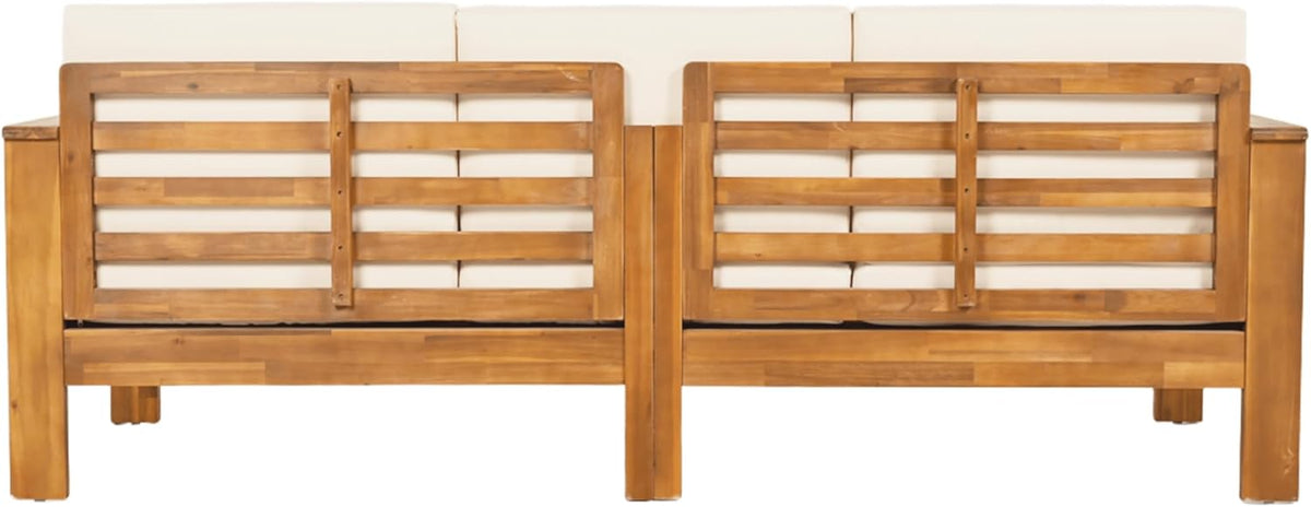 Christopher Knight Home Havets 3 Pieces Outdoor Acacia Furniture Set, Slat Panel Couch, Spacious Seating Armchair, 6" Thick Cushions Sofa and Coffee Table Set for Backyard Garden Balcony, Teak+Beige