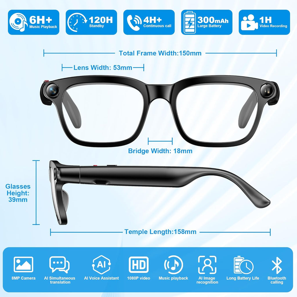 AI Smart Glasses with Camera, 8MP HD Camera Glasses for Women Men, Video Recording Sunglasses with Voice Assistant, Open-Ear Audio, Real-Time Translation for Life &Work Vlog, Black(3 Lenses)