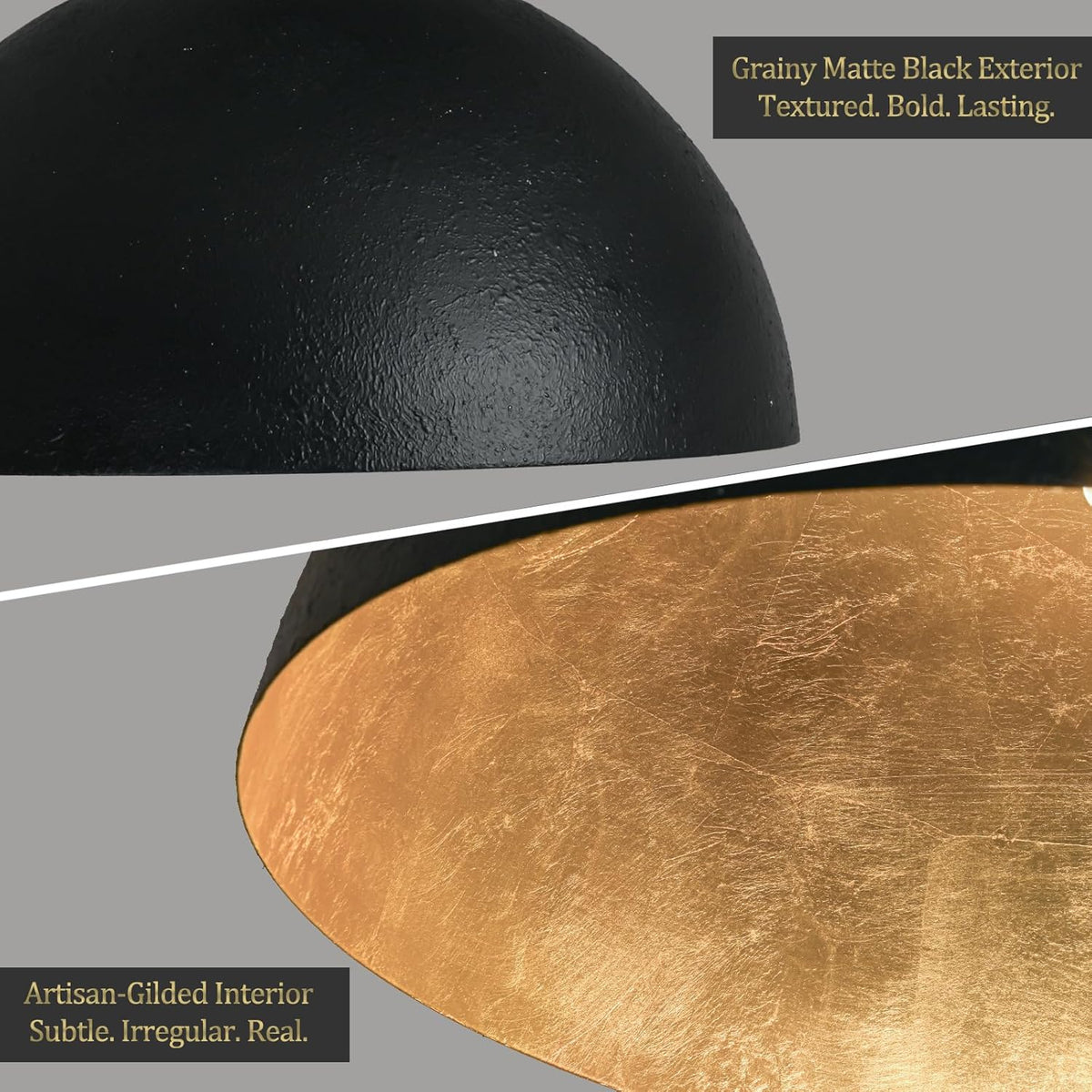 15 Inch Black and Gold Leaf Pendant Light, Grainy Matte Black Dome Chandelier with Hand-Applied Gold Leaf Interior, E26 Socket for Kitchen Island, Dining Room, or Bar