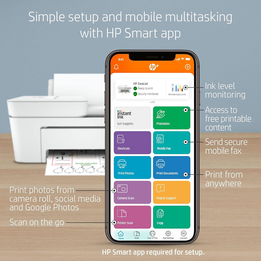 HP DeskJet 4155e Wireless Color Inkjet Printer, Print, scan, copy, Easy setup, Mobile printing, Best-for home, 3 month Instant Ink trial included, white