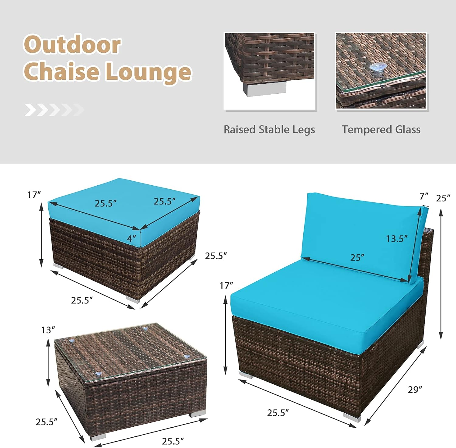 Tangkula 5 Piece Wicker Lounge Chair Set, with Tempered Glass Coffee Table, Outdoor Conversation Sets w/Washable Zippered Cushions, Includes 2 Armless Sofas, 2 Ottomans and 1 Side Table (Turquoise)