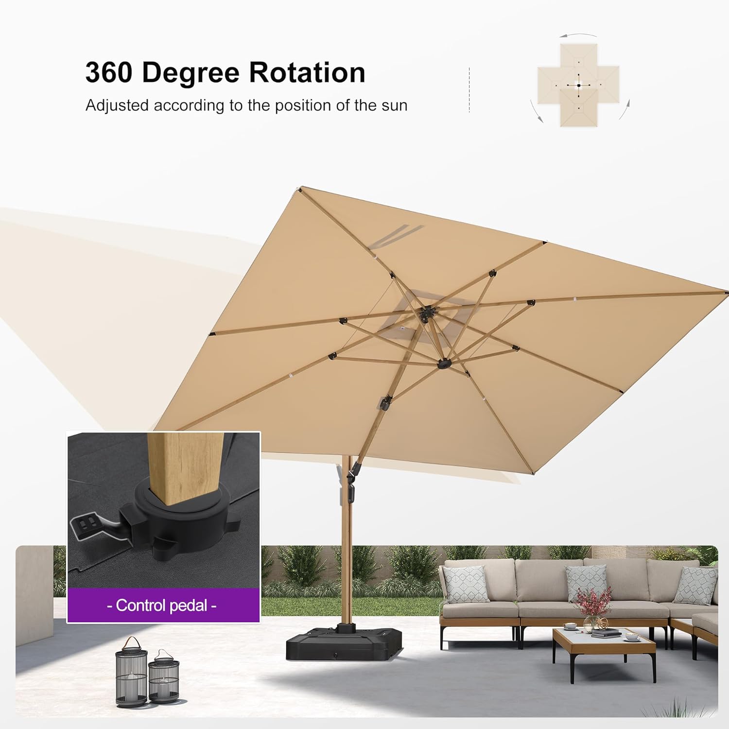 PURPLE LEAF 10' x 13' Rectangle Patio Cantilever Umbrella With Base Large Hanging Umbrella Teak Finished Aluminum Frame Windproof Offset Outdoor Sun Umbrellas for Beach Pool Deck, Beige