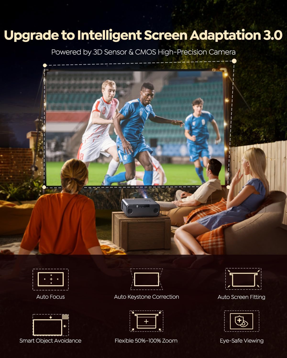 Built-in Apps/4K Support Smart Outdoor Projector with WiFi and Bluetooth, Movie Projector, DoIby Audio with Dual Speaker, Auto Focus w/ YouTube&PrimeVideo Proyector, Upgrad P62 Pro