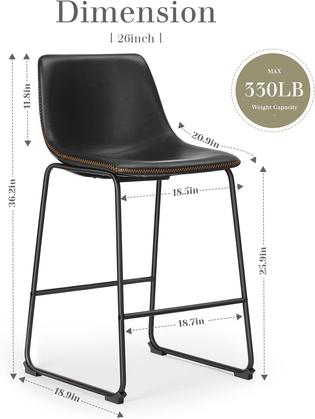 DUMOS 26 Inch Counter Height Bar Stools Set of 4, Modern Faux Leather High Barstools with Back and Metal Leg, Bar Chairs for Kitchen lsland, Black