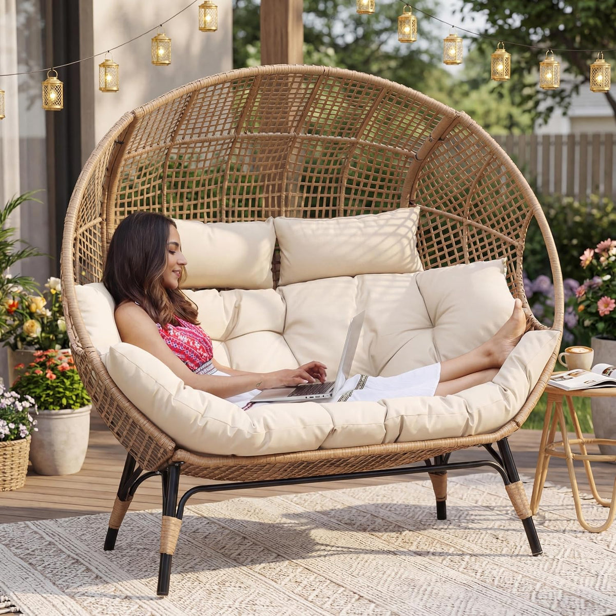 NICESOUL® Double Egg Chair Indoor Outdoor Stationary Oversized 6.5" Thick Padded Cushions,2 Person Egg Wicker Loveseat Chair, Extra Large Lounge Chair for Patio Balcony Porch Backyard Beige