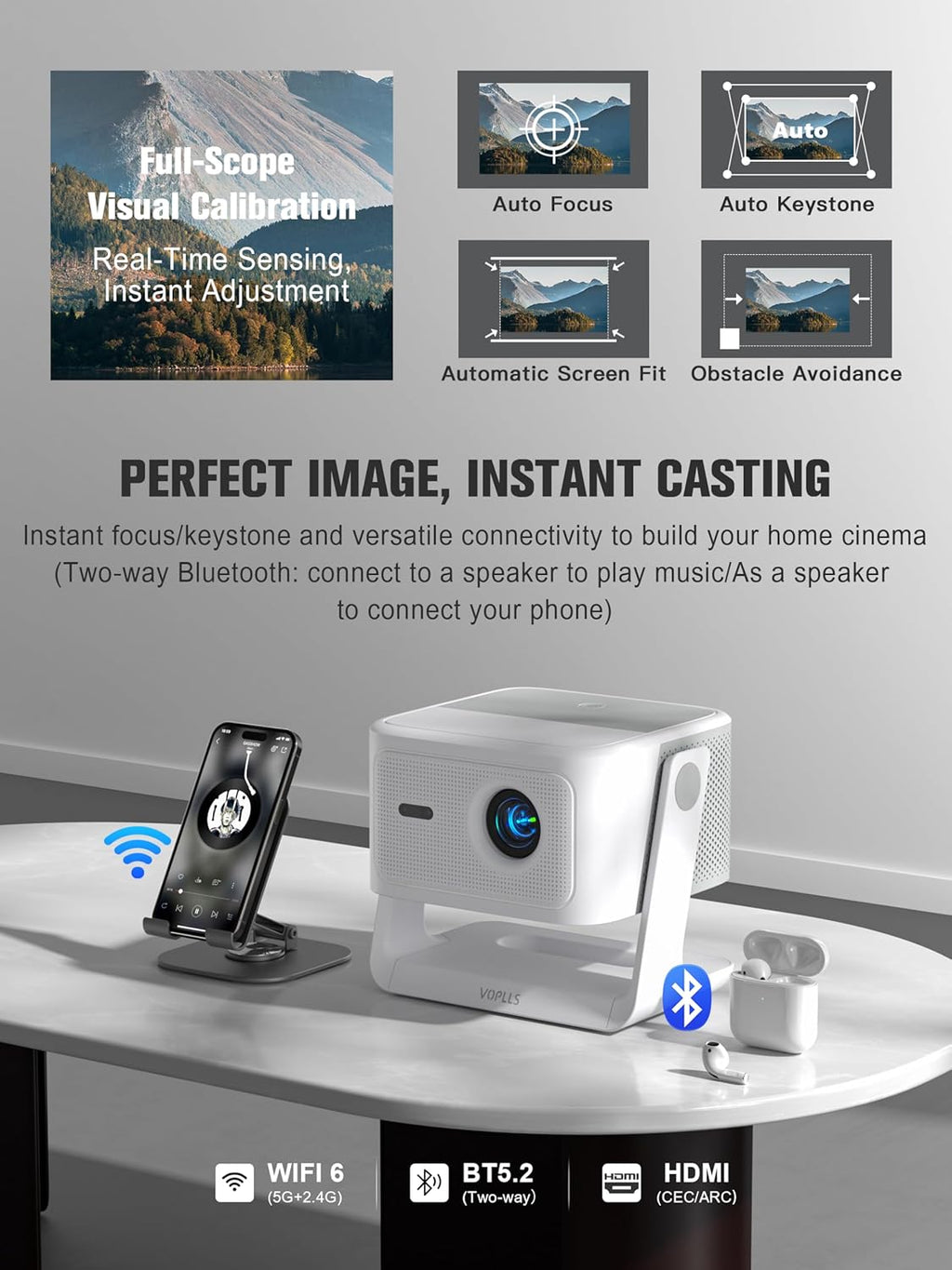 【Official Licensed Google TV】4K Smart Projector with WiFi and Bluetooth, VOPLLS Outdoor Projectors with Dolby/Auto Focus, Portable Movie Phone Wireless Gaming Wifi Proyector for Bedroom/Home/Celling