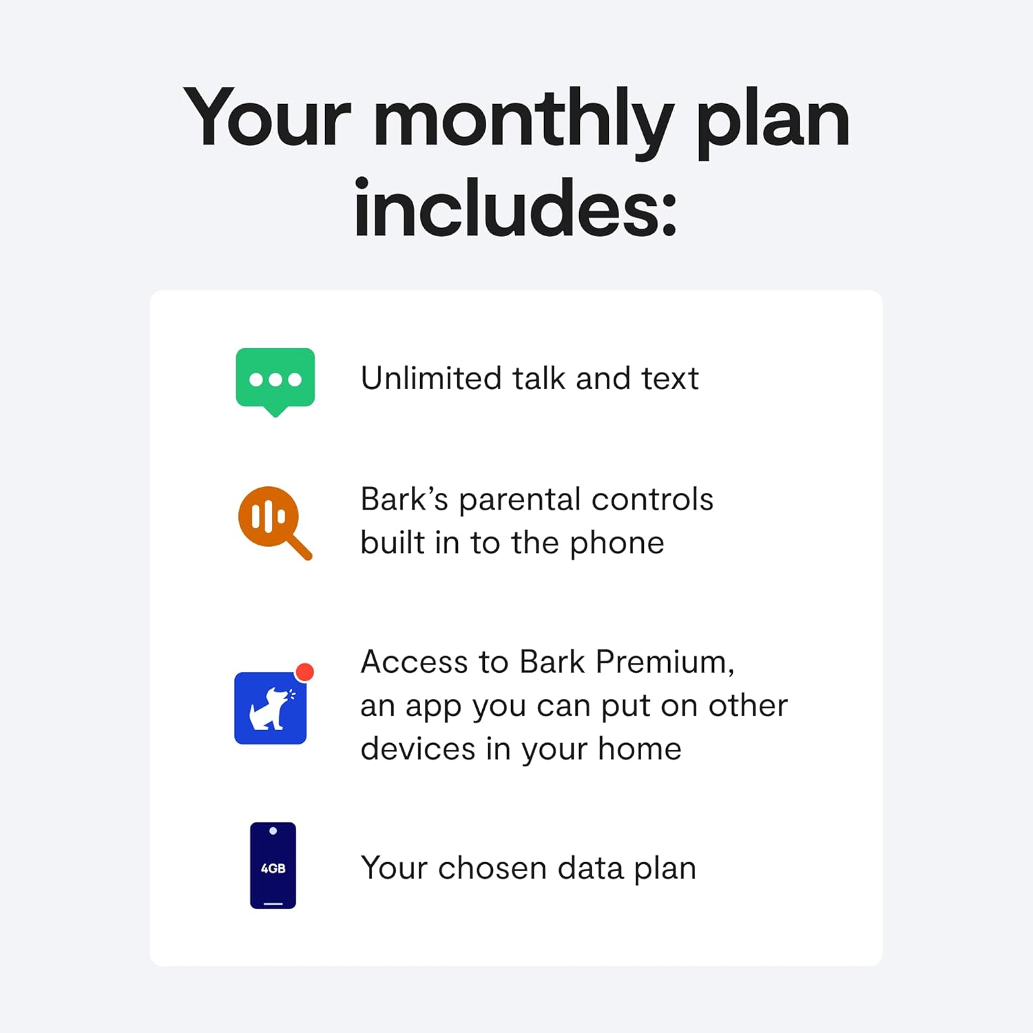 Bark Phone - Safest Phone for Kids & Teens - Monitor Texts, Social Media, and More - Tamper Proof Parental Controls - GPS Tracking - Unlimited Talk/Text A16