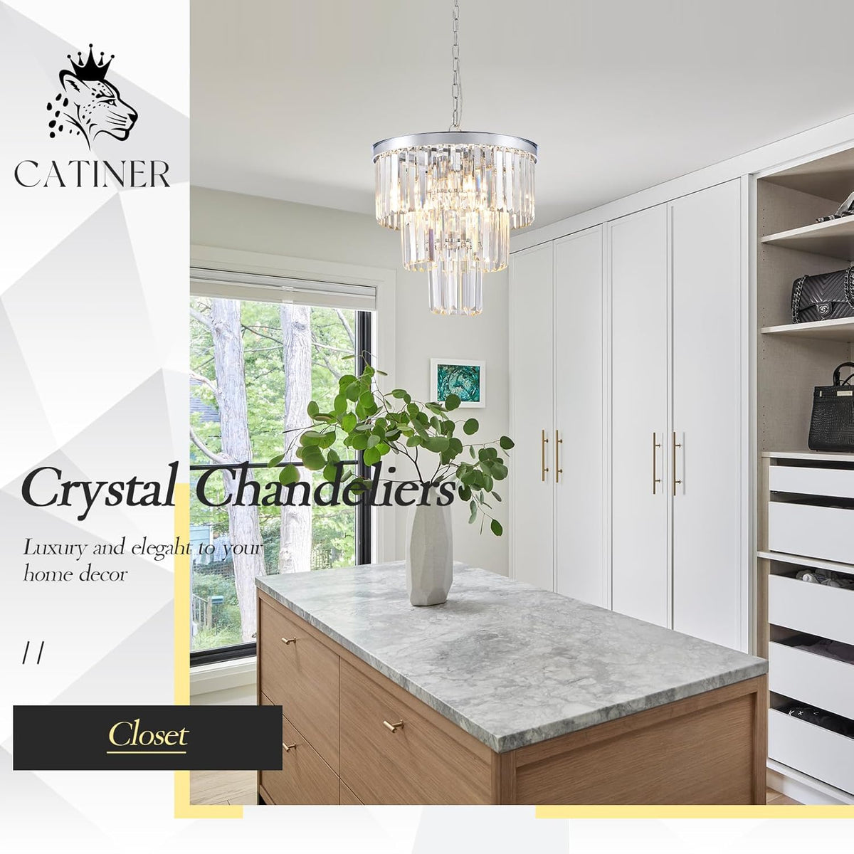 CATINER Modern Chrome Crystal Chandeliers 16" Small Pendant Light Luxury 3 Tiers 6-Light K9 Crystal Ceiling Pendant Round Light Fixture for Dining Room Entryway Kitchen Bedroom Closet