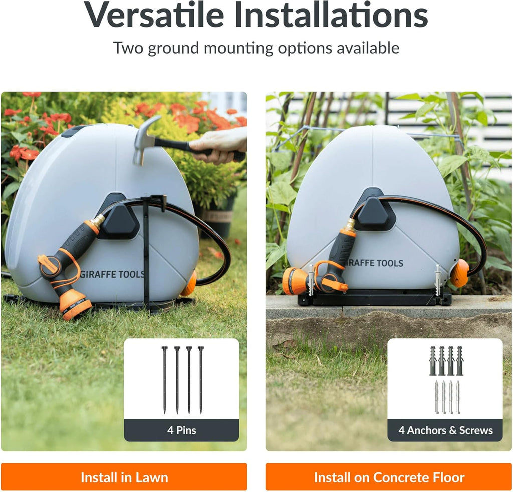 Giraffe Tools Retractable Heavy Duty Hose Reel, 1/2" x 100FT Automatic Rewind Garden Hose Reel with 360° Swivel Base, Ground Mounted for Lawn, Patio, Concrete Floor & Yard Watering