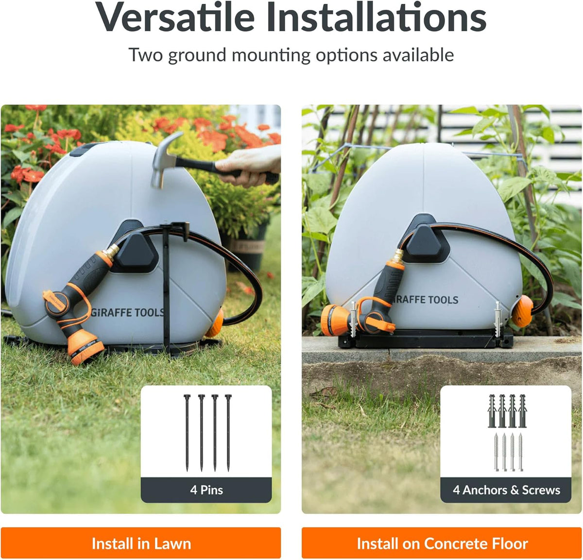 Giraffe Tools Retractable Heavy Duty Hose Reel, 1/2" x 100FT Automatic Rewind Garden Hose Reel with 360° Swivel Base, Ground Mounted for Lawn, Patio, Concrete Floor & Yard Watering