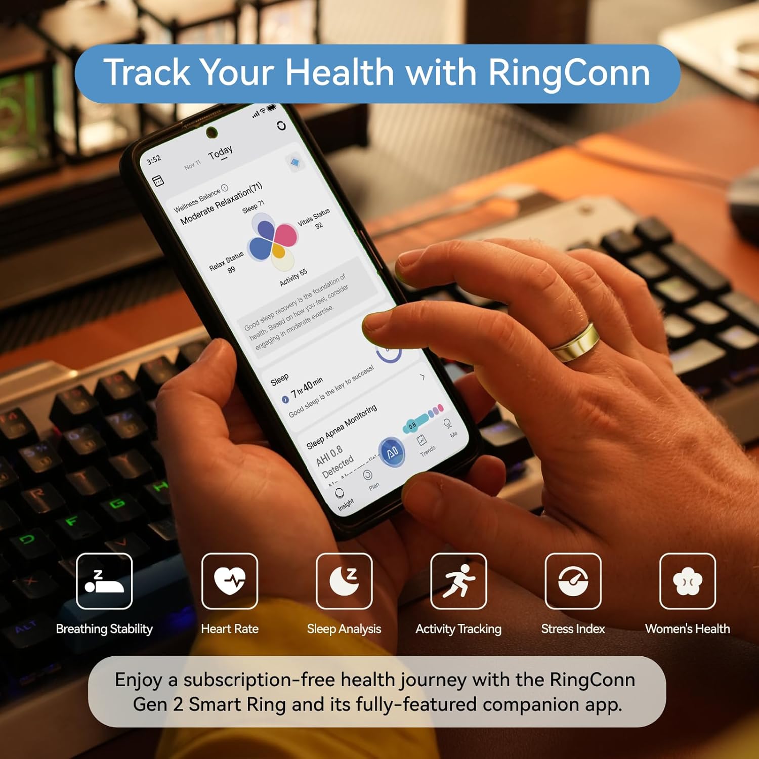 RingConn Gen 2, World's First Smart Ring with Sleep Apnea Monitoring, No APP Subscription, 12-Day Battery Life, Stress/Heart Rate/Women's Health Tracker, Android & iOS Compatible (Gold, Size 10)